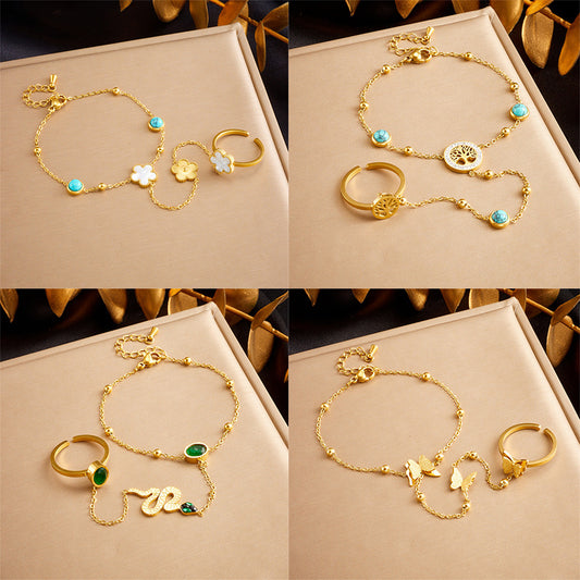 Vintage Elegant Round Stainless Steel Plated Turquoise Tree of Life Floral Bracelet for Women