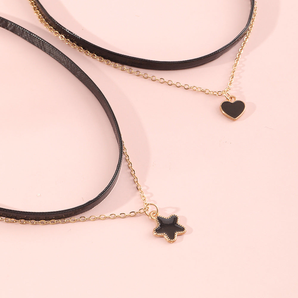 Collana con ciondolo a doppio strato cuore e stella in stile Rock Hip Hop per ragazze, in lega con finitura smaltata