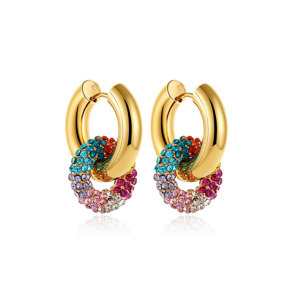 Orecchini a Cerchio Rotondi in Acciaio Inossidabile Placcato Oro 18K con Intarsio di Strass Unisex
