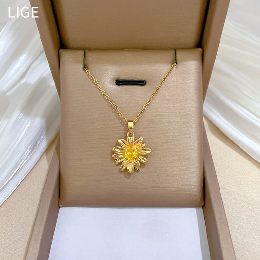 Champagne Gold Floral Pendant Necklace for Women Stainless Steel Chain with Geometric Design and Moon Motif