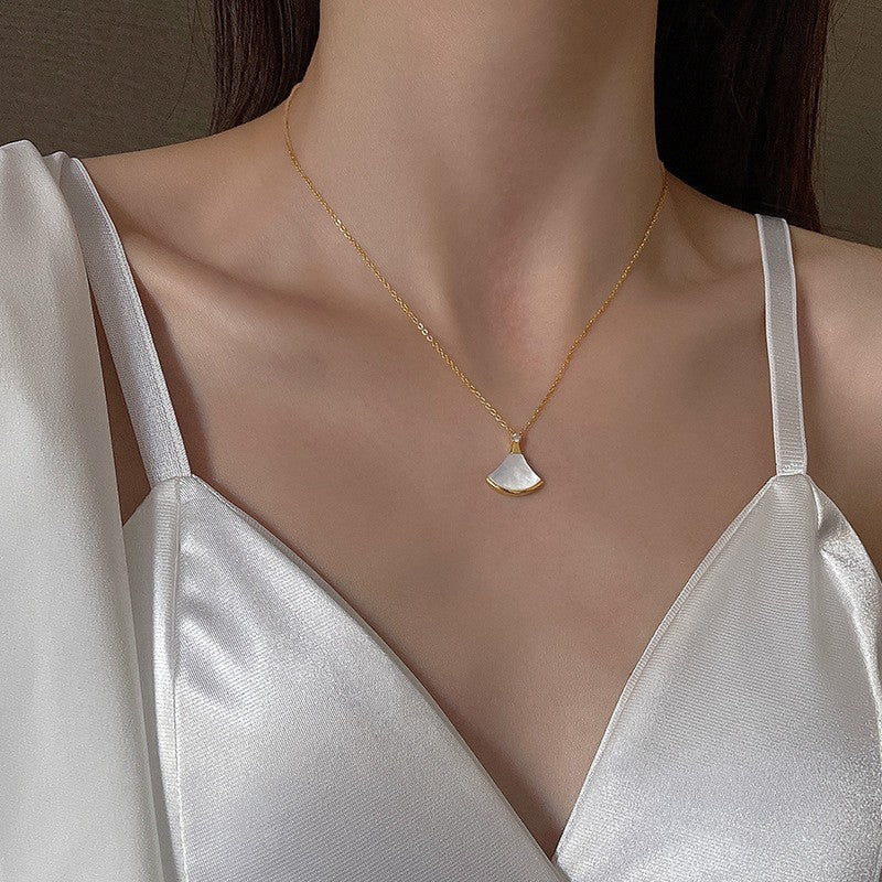 Minimalist Irregular Skirt Fan Shape Rose Gold Plated Titanium Steel Necklace with White Mother of Pearl