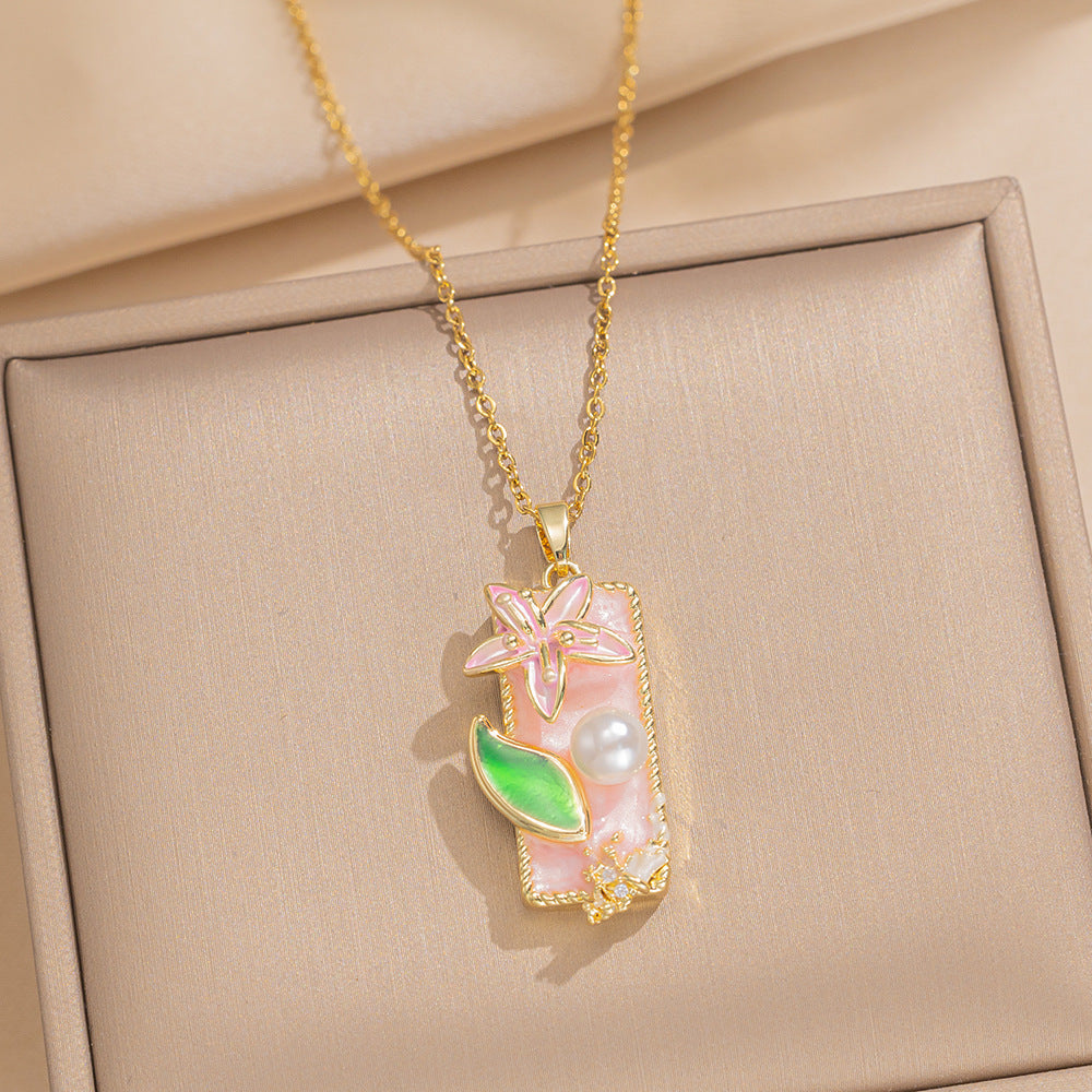 Baroque Style Leaf-Shaped Titanium Steel Necklace with Tulip Floral Motif, Vacuum-Plated for Hypoallergenic Wear, O-Chain Design