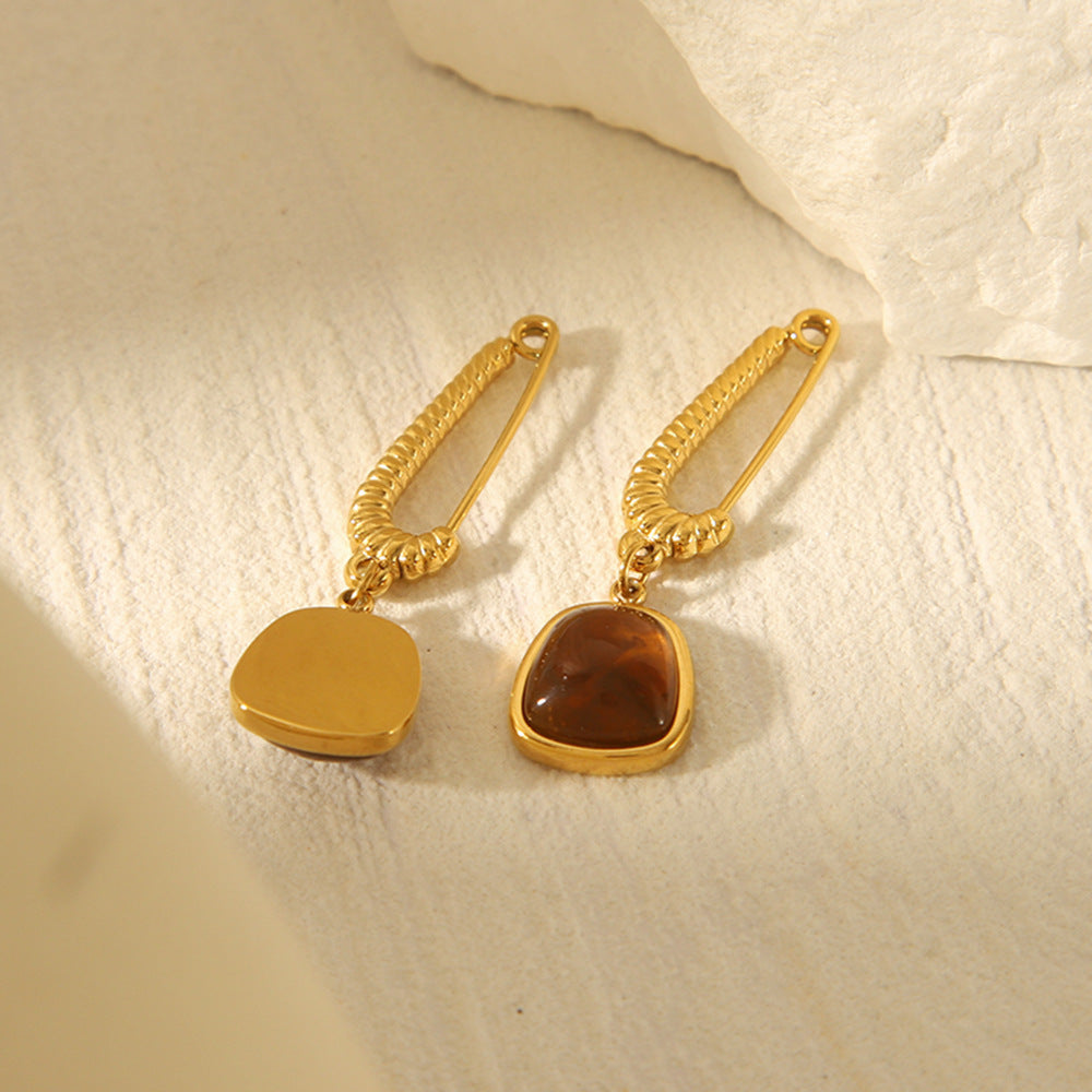 Vintage French Style Geometric Natural Stone Earrings 18K Gold Plated Stainless Steel for Women