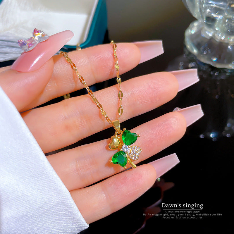 Luxury Minimalist Sweet Pavé Zircon Green Gemstone Four-Petal Flower Necklace in Titanium Steel with Gold Plating