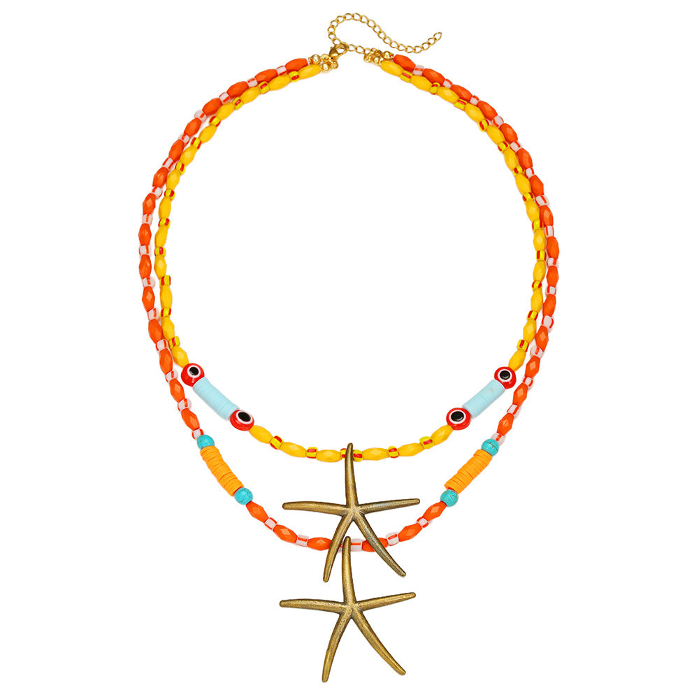 Sweet Streetwear Geometric Star Alloy Pendant Necklace with Colorful Resin and Acrylic Beads Eye Detail Double Layer Ball Chain