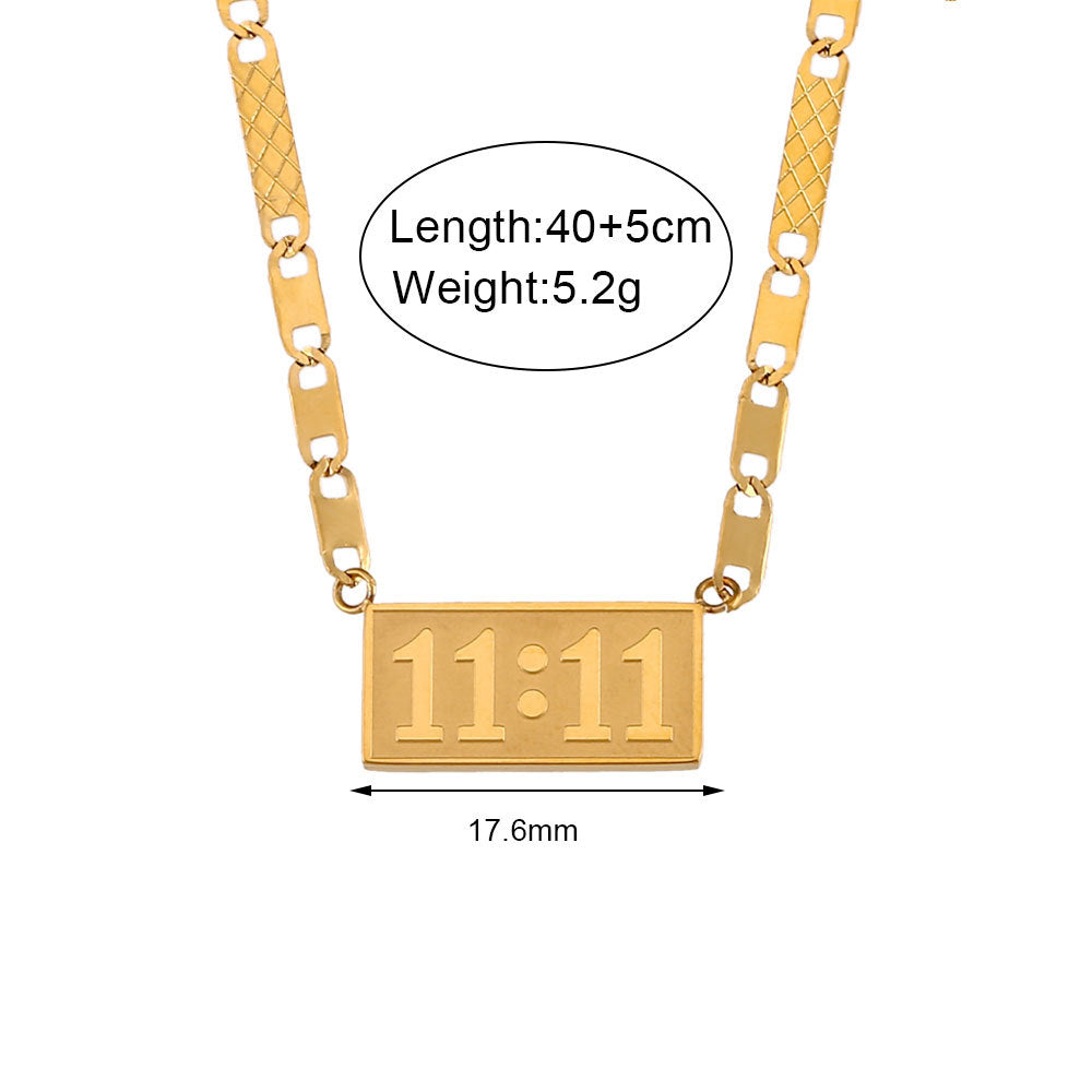 Minimalist Fashion Stainless Steel Rectangular Pendant Necklace with 11:11 and Pig Nose Design for Women