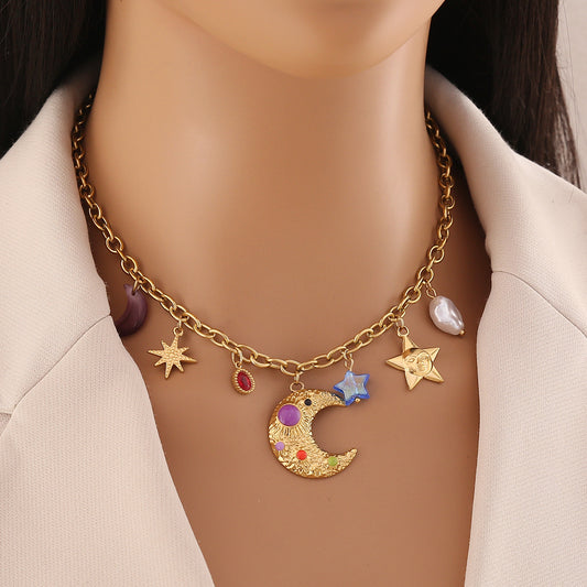 Collana personalizzata in acciaio inossidabile con perle finte di vetro colorato a stella e luna