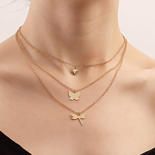 Minimalist Butterfly and Dragonfly Pendant Layered Necklace with Heart Charm in Alloy with Plating Finish for Women