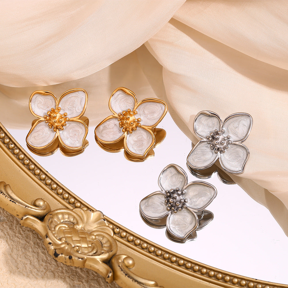 Vintage Floral Stainless Steel Earrings with 18K Gold Plating for Women