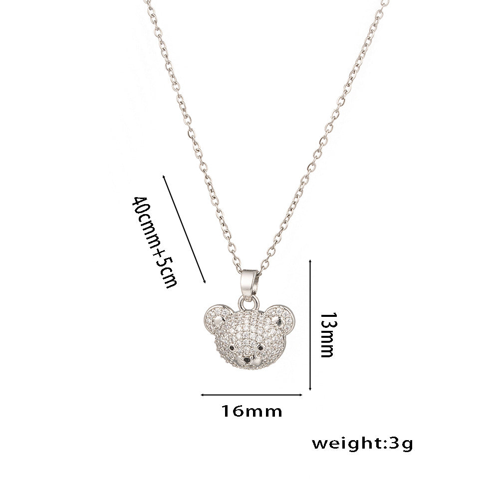Minimalist Cute Bear Pendant Necklace for Women in Titanium Steel with Rhinestone Accents on O-Chain