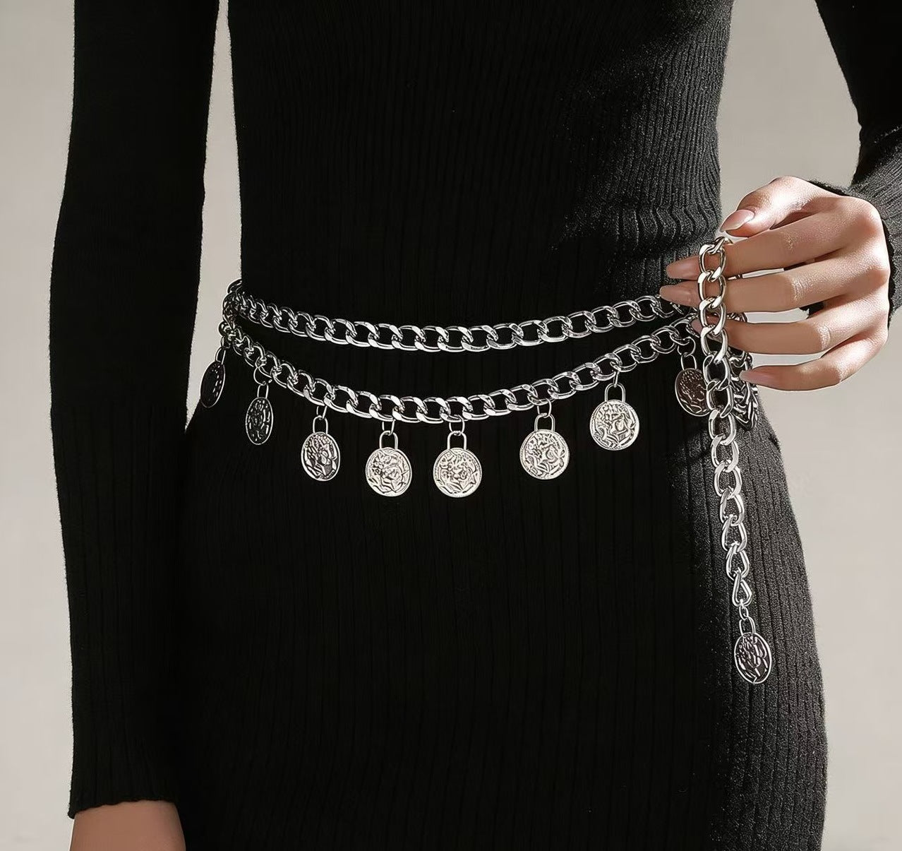 Vintage Floral Carved Tassel Double Layer Body Chain for Women