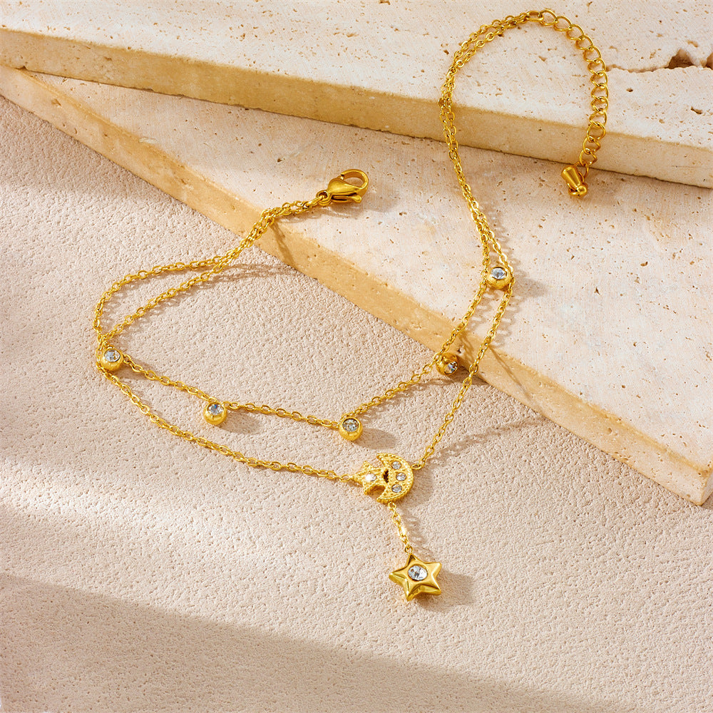 Minimalist Stainless Steel Star Moon Rhinestone Tassel Anklet for Women