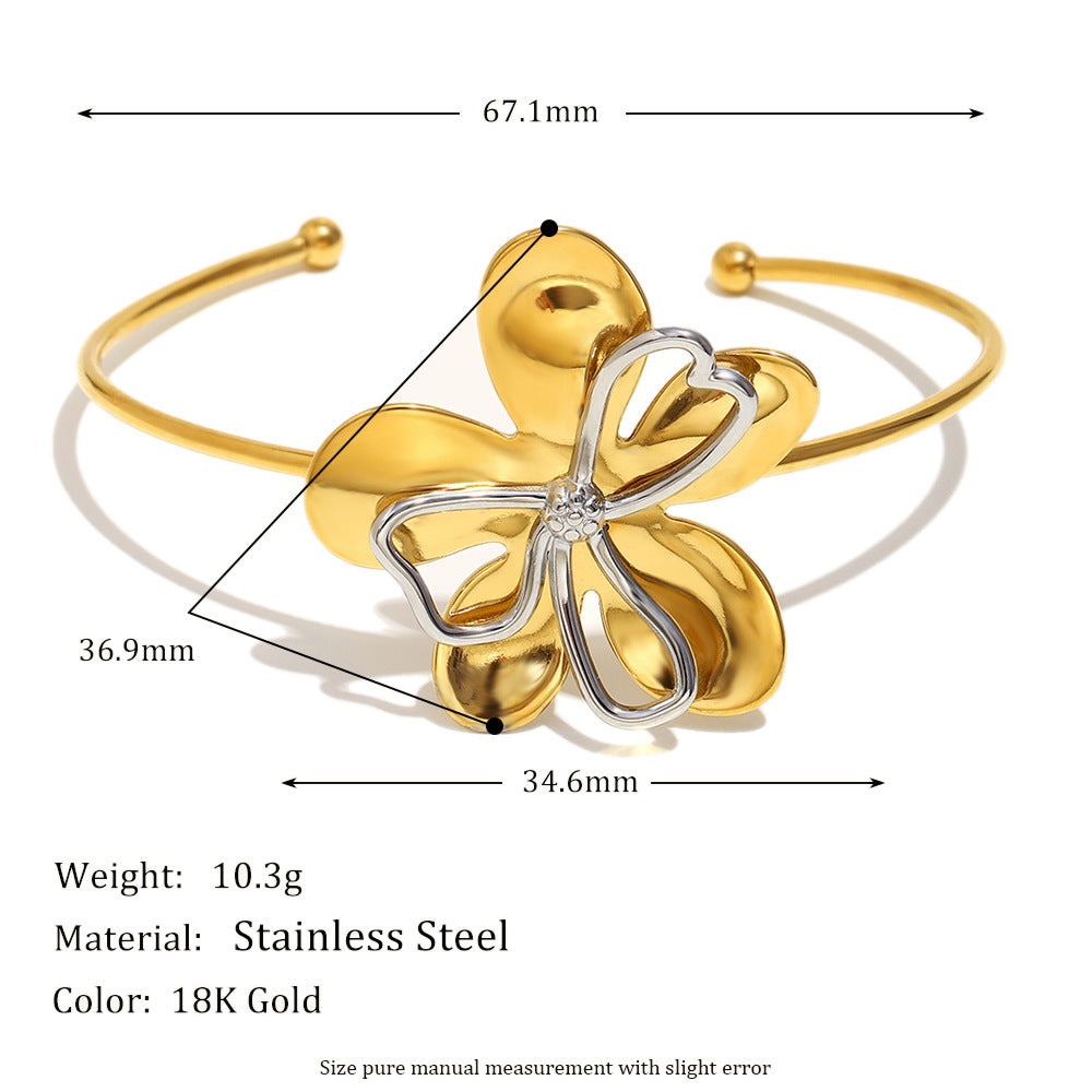 Minimalist Asymmetrical Double-Layer Stainless Steel Bracelet with 18K Gold Plating and Circular Floral Design for Women