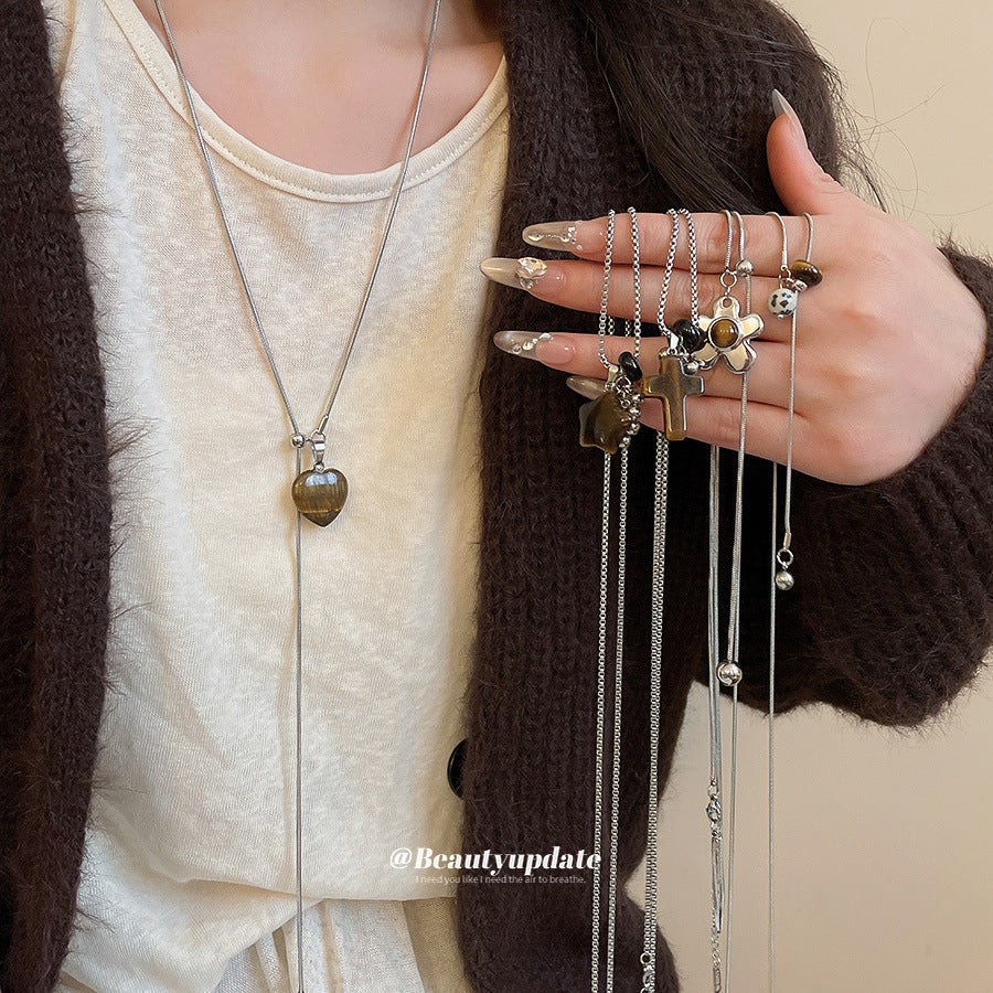 Collana con Pendente Lussuosa Occhio di Tigre Geometrica in Acciaio Inossidabile Placcato da Donna, per Abbigliamento Casual da Ufficio, Catena per Maglione
