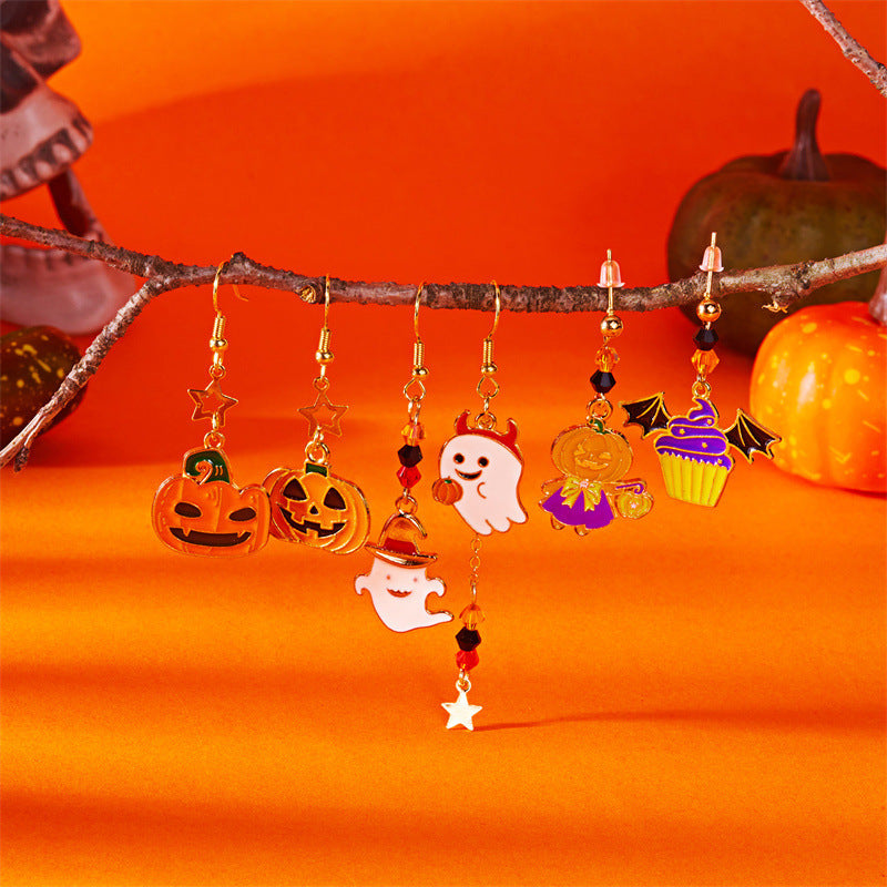 Pendientes de aleación con colgante de fantasma de calabaza de Halloween, dulces y atrevidos, galvanizados para fiestas de disfraces unisex