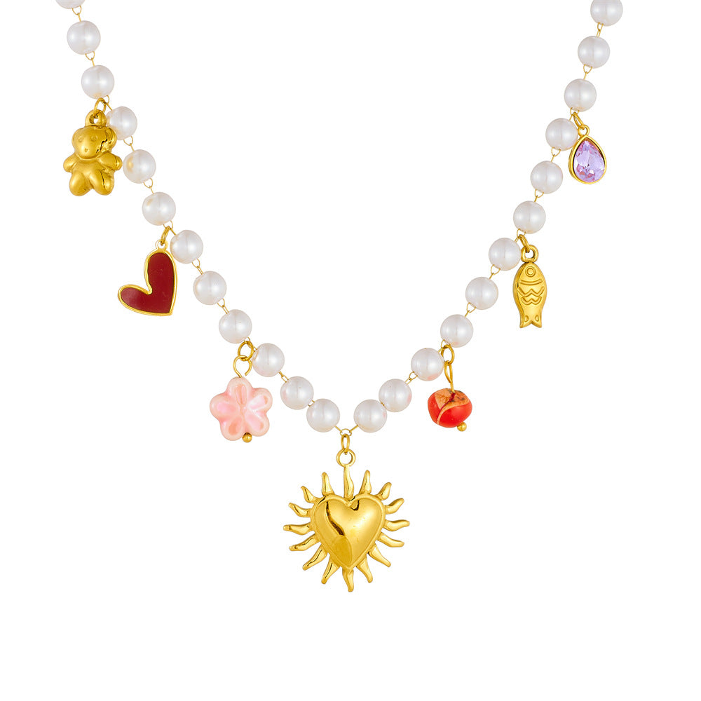 Vintage French-Style Heart-Shaped Gold-Plated Stainless Steel Pendant Necklace with Pearl Chain
