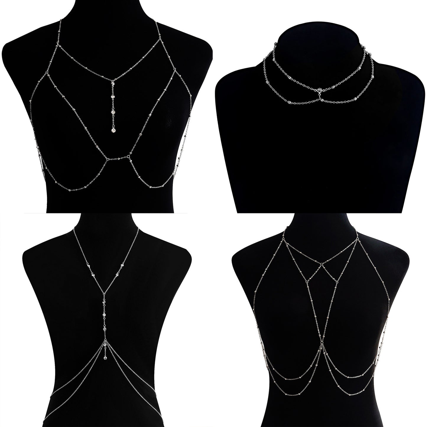 Cadena corporal de bikini estilo punk con flecos para mujer con piedras de circonita en cadena de metal para la cintura para el verano