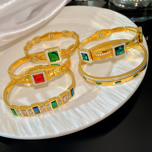 Vintage Luxury Square Titanium Steel Bracelet with Micro-Inlaid Colorful Cubic Zirconia for Women