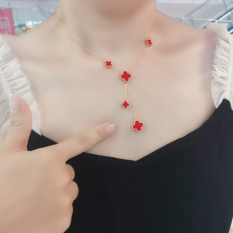 Original Design Four-Leaf Clover Pendant Necklace for Women in Titanium Steel with Plated Finish and Tassel Detail on O-Chain