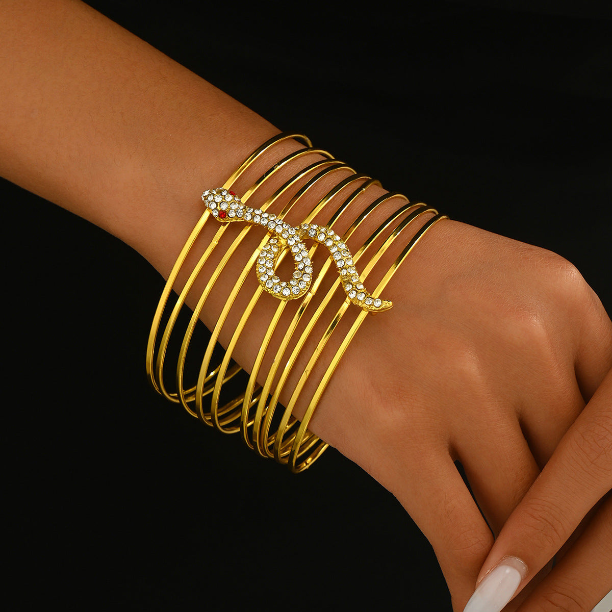 Hippie Style Multi-Layer Snake-Shaped Bracelet for Women with Rhinestone Inlay and Gold Plated Alloy