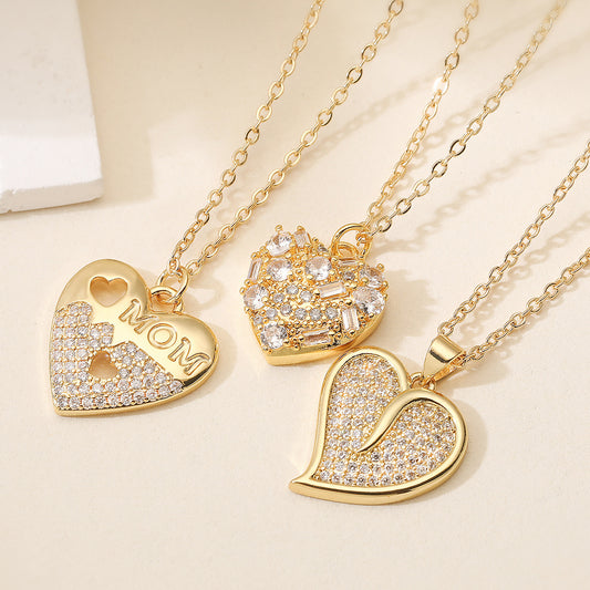 Minimalist Vintage 18K Gold Plated Brass Heart Cubic Zirconia Pendant Necklace for Women