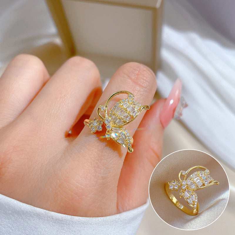 Butterfly Bowknot Rhinestone Adjustable Ring in Brass with Plated Finish for Women Minimalist Japanese Style Fashion Jewelry