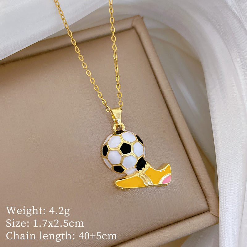 Sweet Sporty Geometric Drip Oil Rhinestone Soccer Shoe Pendant Necklace Titanium Steel Chain for Unisex