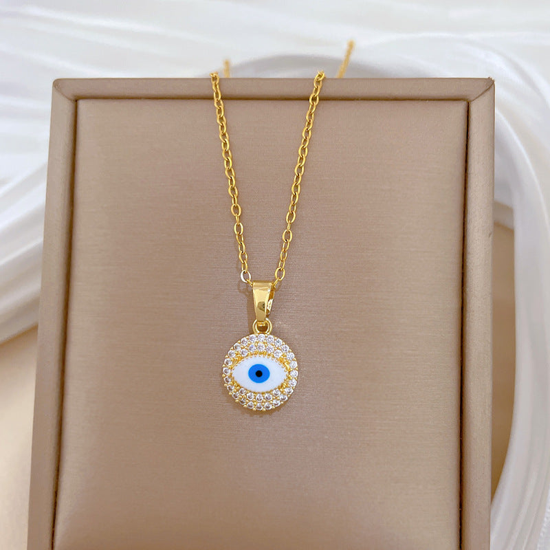Sweet Geometric Moon Evil Eye Rhinestone Pendant Necklace Titanium Steel Chain for Unisex