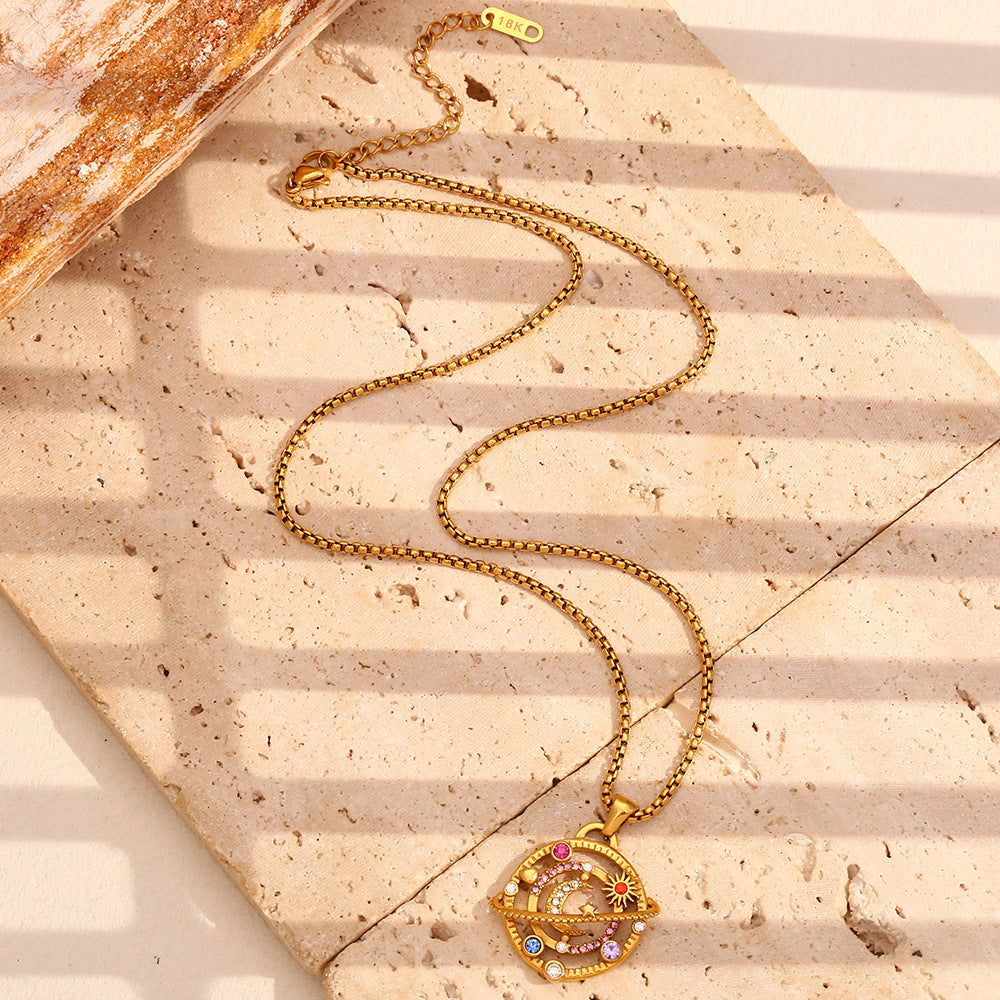 Minimalist Geometric Compass Pendant Necklace for Women in Stainless Steel with 18K Gold Plating and Colorful Rhinestones