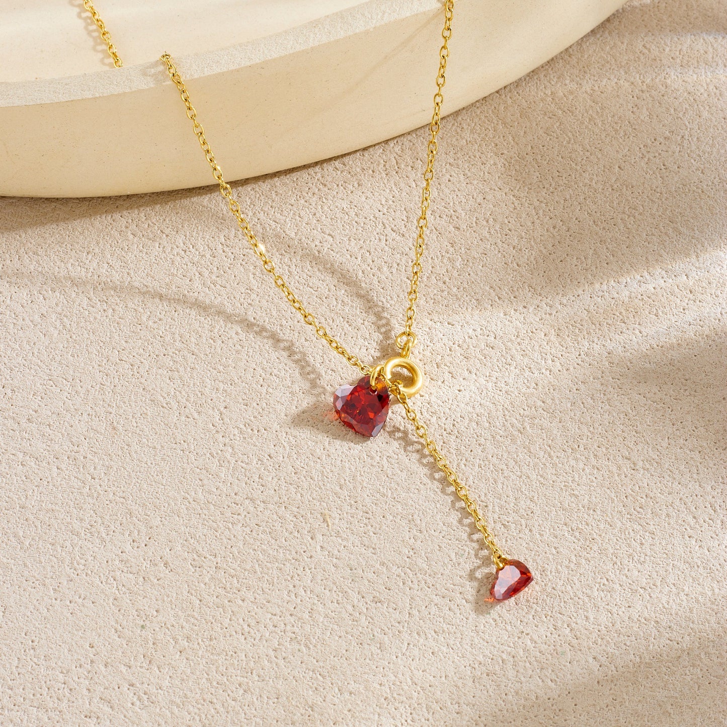 Minimalist Red Rhinestone Heart Stainless Steel Pendant Necklace with Tassel for Women