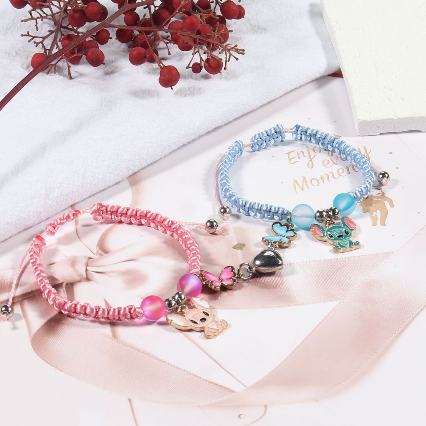Sweet Cartoon Heart Stitch Magnetic Braided Bracelet Set Unisex