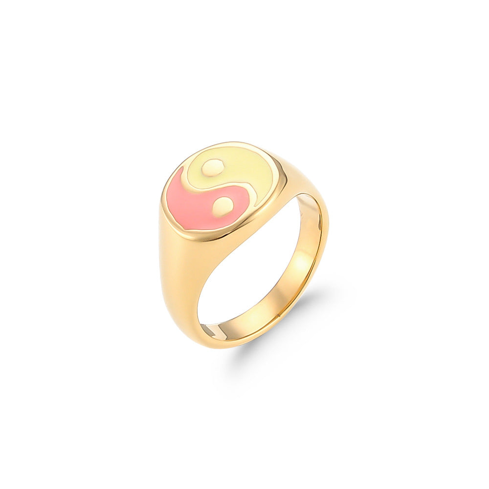 Anillo de acero de titanio con patrón geométrico de Tai Chi Bagua, chapado en oro de 18K, de lujo ligero para mujer
