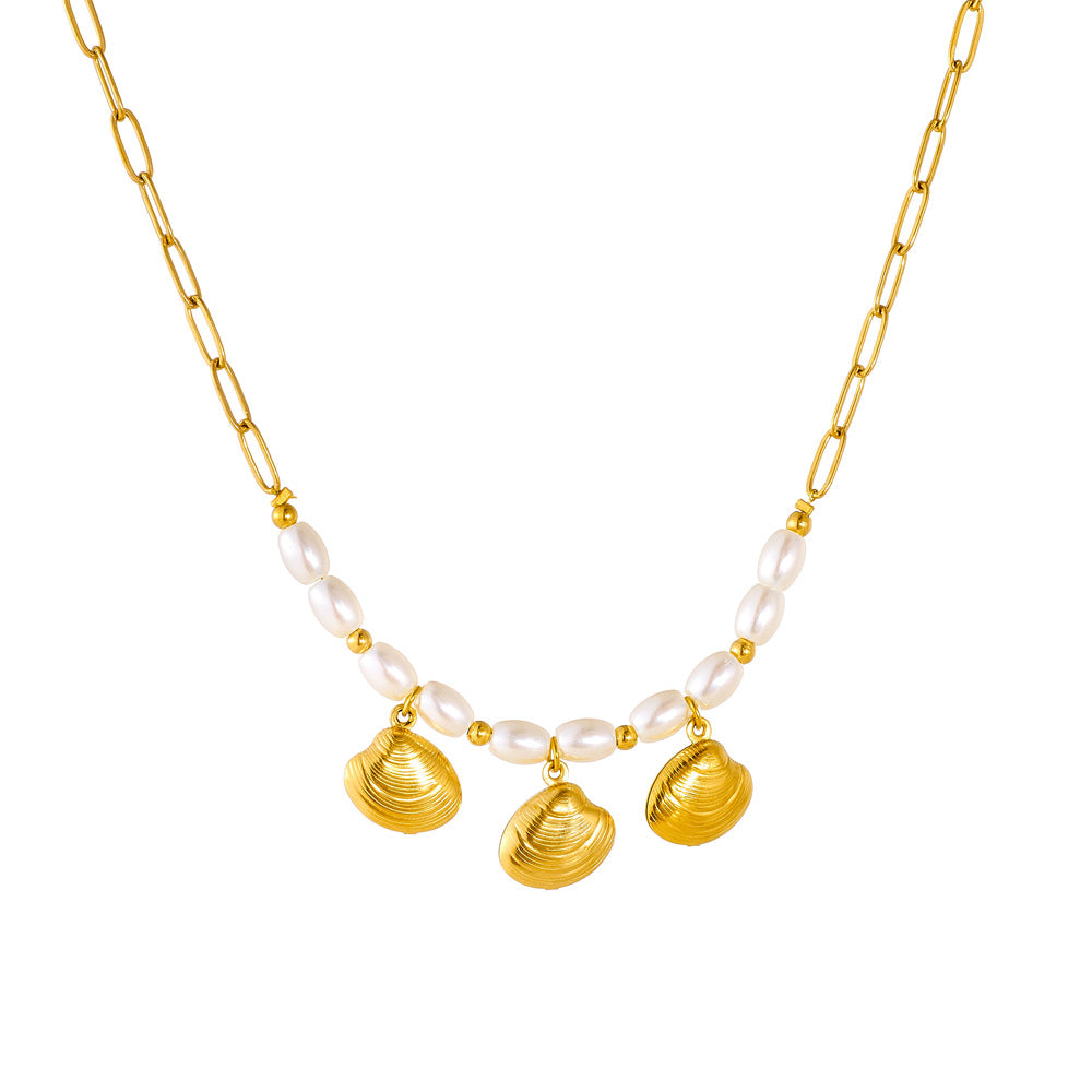 Minimalist Gold Plated Oval Stainless Steel Shell Pendant with Imitation Pearl Curb Chain Necklace for Women