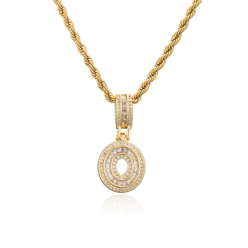 Hip-hop Punk Minimalist Gold Plated Brass Number Cubic Zirconia Pendant Necklace with Rope Chain for Men