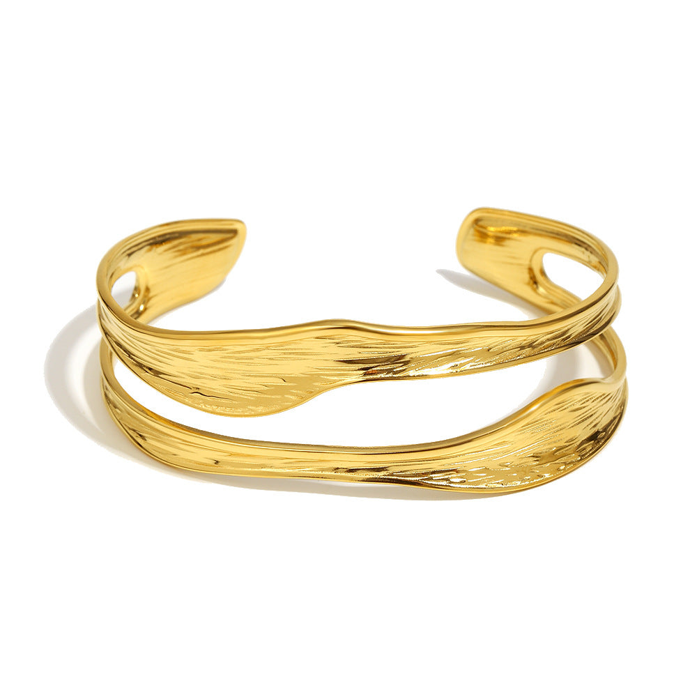 Fashionable Minimalist Wave-Textured Stainless Steel Plated 18K Gold Double-Layer Pressed Bracelet for Women