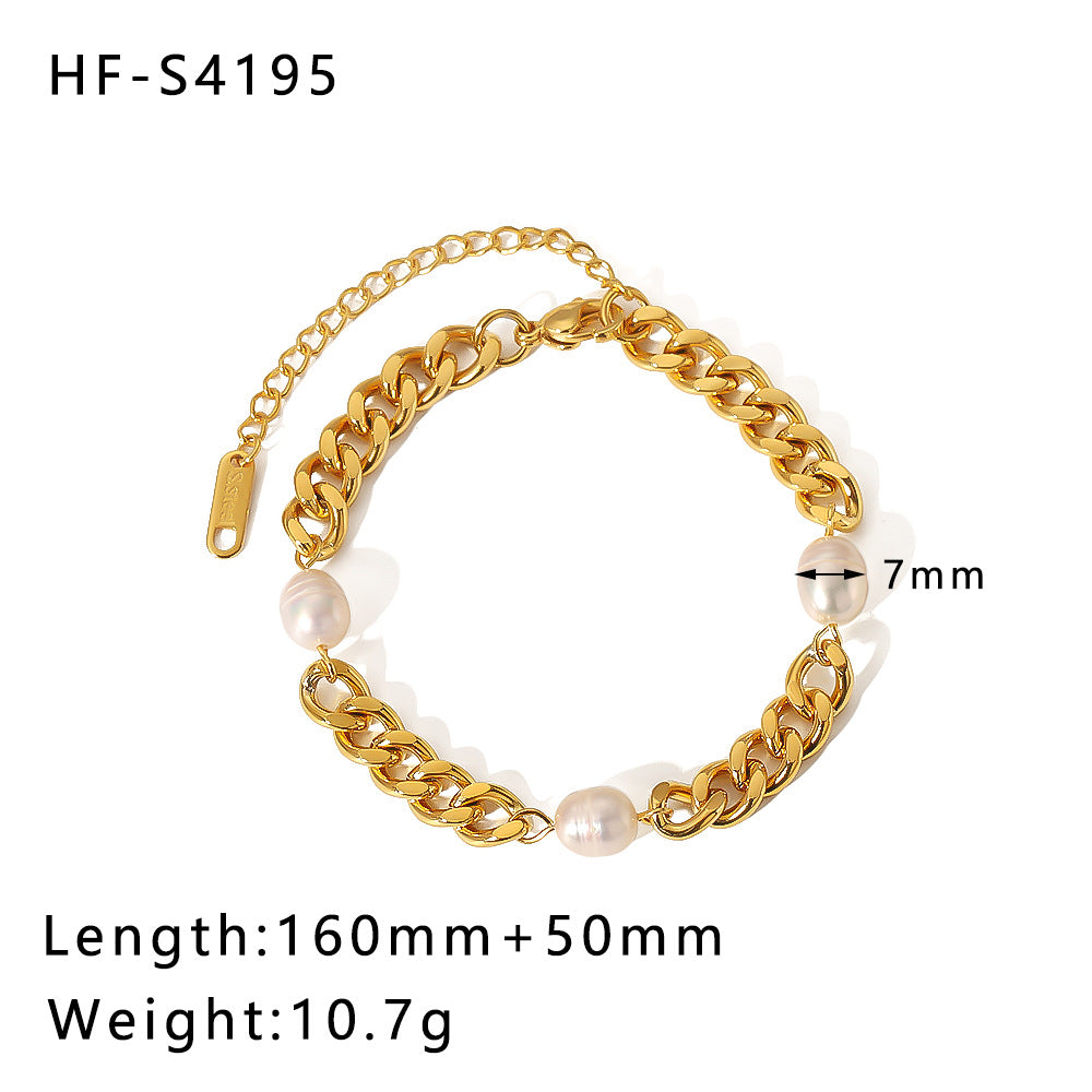 Geometric Style Gold Plated Stainless Steel Double Layer Cuban Bracelet with Pearl and Shell Accents Beach Inspired Unisex Bracelet