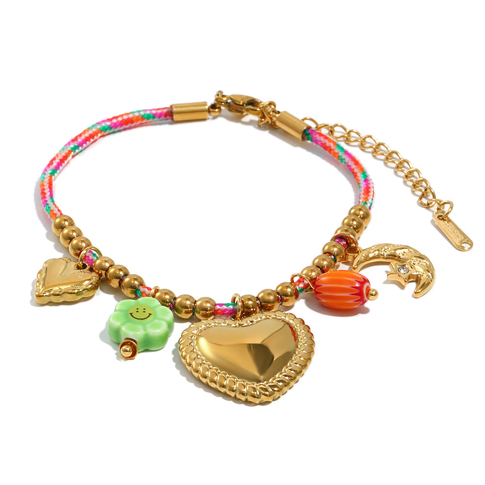 Luxury Geometric Heart Pendant Necklace in Stainless Steel with 18K Gold Plating and Beaded Rope Chain for Women