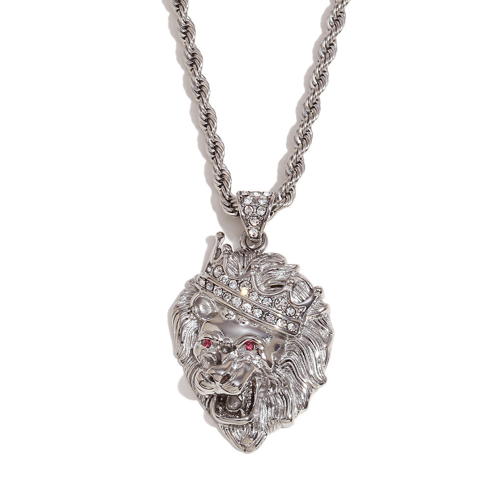 Collana pendente con corona di leone per donna, in acciaio inossidabile placcato oro 18K, a forma di animale