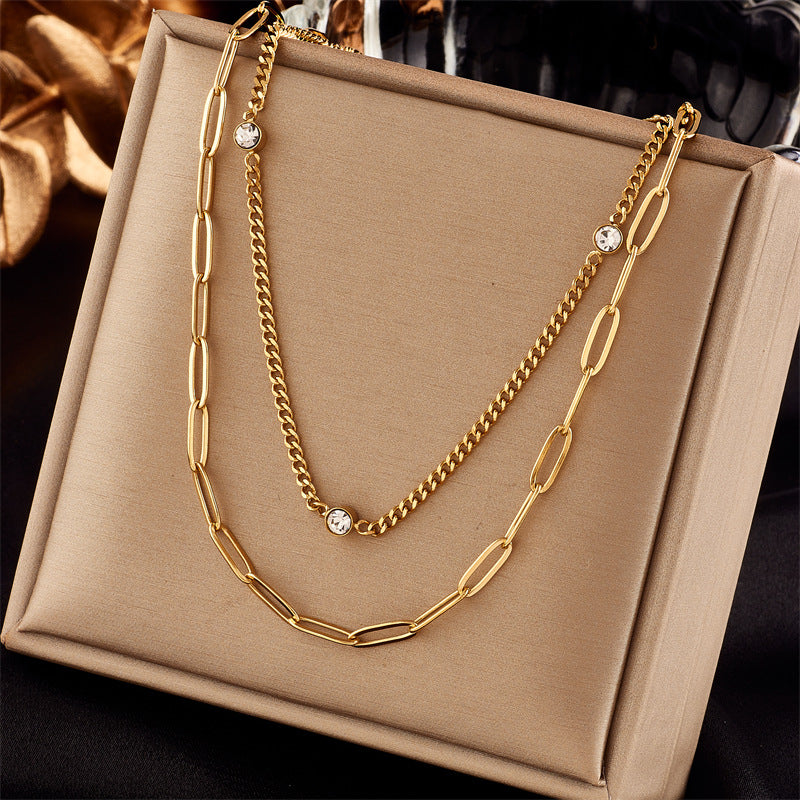 Minimalist Geometric Double-Layer Rhinestone-Embellished Titanium Steel Hip-Hop Punk Necklace for Women