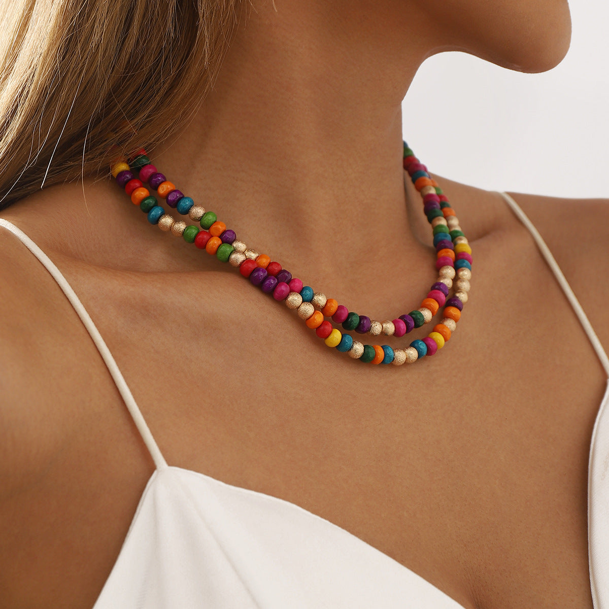 Collana Bohemien Arcobaleno Guardiano con Perline di Legno, Forma Geometrica e Artigianato Fatto a Mano Unisex per l'Estate