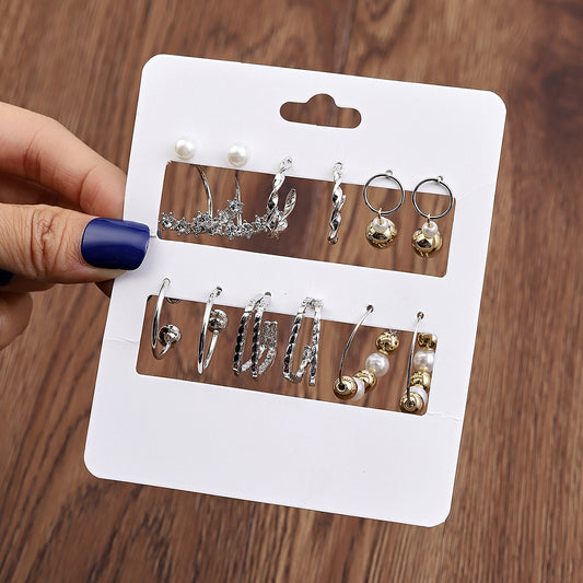 Vintage Geometric Round Alloy Hoop Earrings Set with Rhinestone and Pearl Inlay