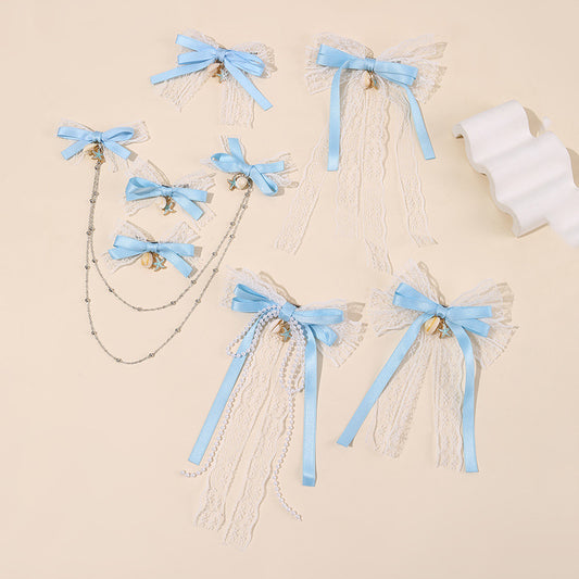 Ribbon Bow Hair Clip with Tassels and Ruffled Netting for Girls Vintage-Inspired Children's Hair Accessory