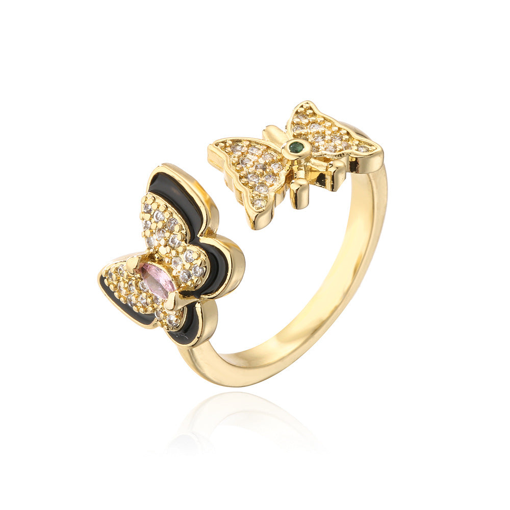 Anello a farfalla aperto stile naturale in rame placcato oro 18K con zirconi micro-incastonati