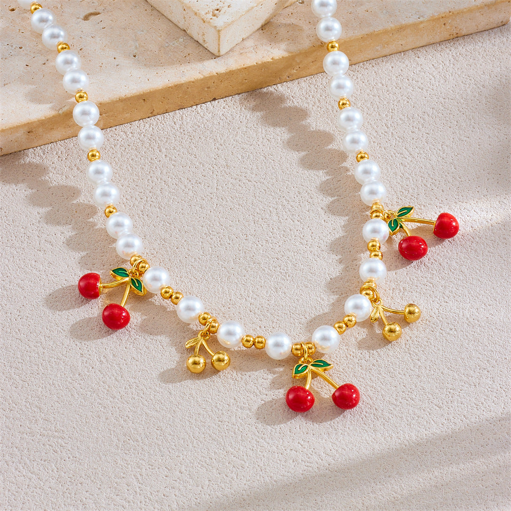 Cherry-Shaped Enamel Pendant Necklace for Women with Stainless Steel Chain Fresh Sweet Everyday Choker