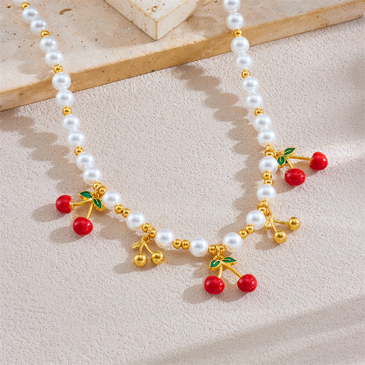 Collana girocollo da donna con pendente a forma di ciliegia smaltato, con catena in acciaio inossidabile, fresca e dolce, da indossare tutti i giorni