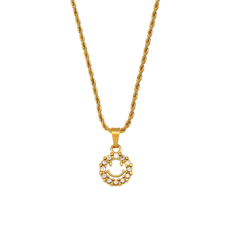 Fashionable Geometric Smile Pendant Necklace in Stainless Steel with 18K Gold Plating and Zircon Accents on Twisted Chain