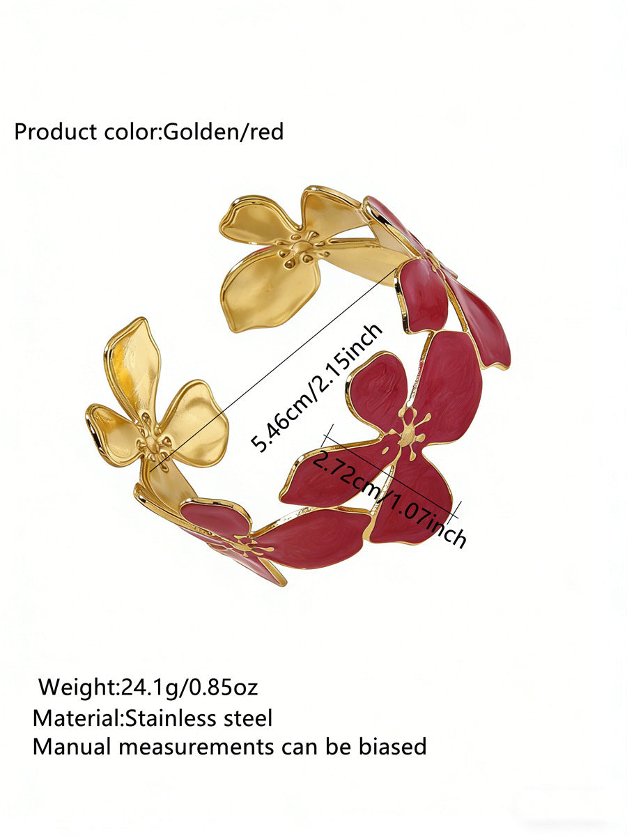 Elegante Pulsera Abierta de Lujo Floral con Esmalte de Aceite de Acero Inoxidable y Titanio con Cereza