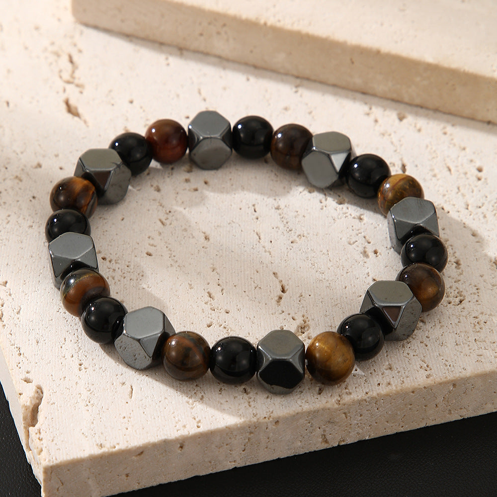 Minimalist Geometric Round Obsidian Tiger Eye Handmade Beaded Bracelet Unisex