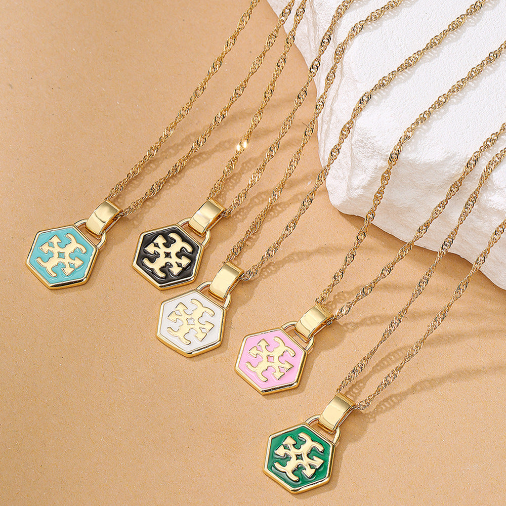 Minimalist Hexagonal Enamel Pendant Necklace for Women with Copper Base and Real Gold Plating