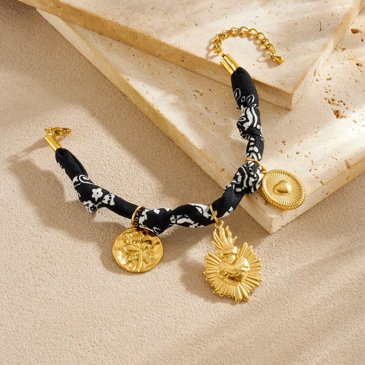 Vintage Gold Plated Stainless Steel Heart Round Oval Floral Relief Pendant Fabric Bracelet